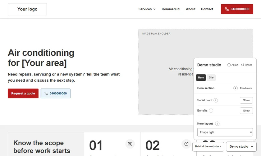 Animated air conditioning hero comparison as Demo Studio turns the Google social proof and customer benefits on and off.