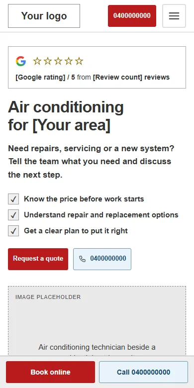 Animated mobile walkthrough of the air conditioning website wireframe with compact navigation and call and booking buttons.