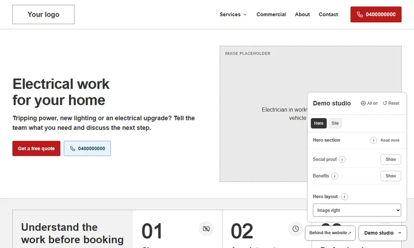 Animated electrician hero comparison as Demo Studio turns the Google social proof and customer benefits on and off.
