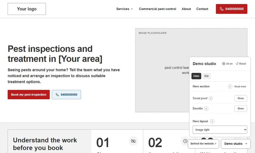 Animated pest control hero comparison as Demo Studio turns the Google social proof and customer benefits on and off.