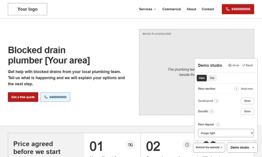 Animated plumber hero comparison as Demo Studio turns the Google social proof and customer benefits on and off.