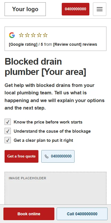 Animated mobile walkthrough of the plumber website wireframe with compact navigation and call and booking buttons.