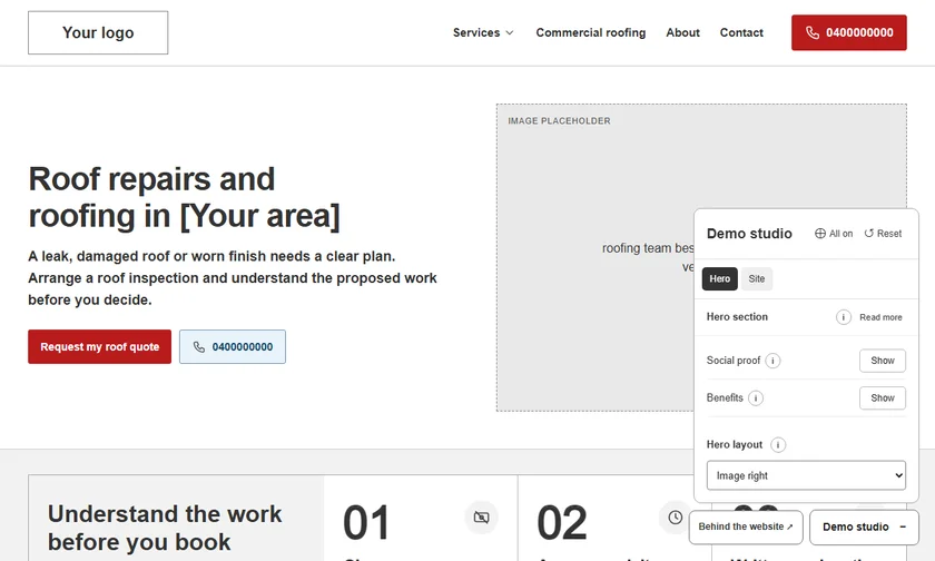 Animated roofing hero comparison as Demo Studio turns the Google social proof and customer benefits on and off.