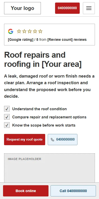 Animated mobile walkthrough of the roofing website wireframe with compact navigation and call and booking buttons.