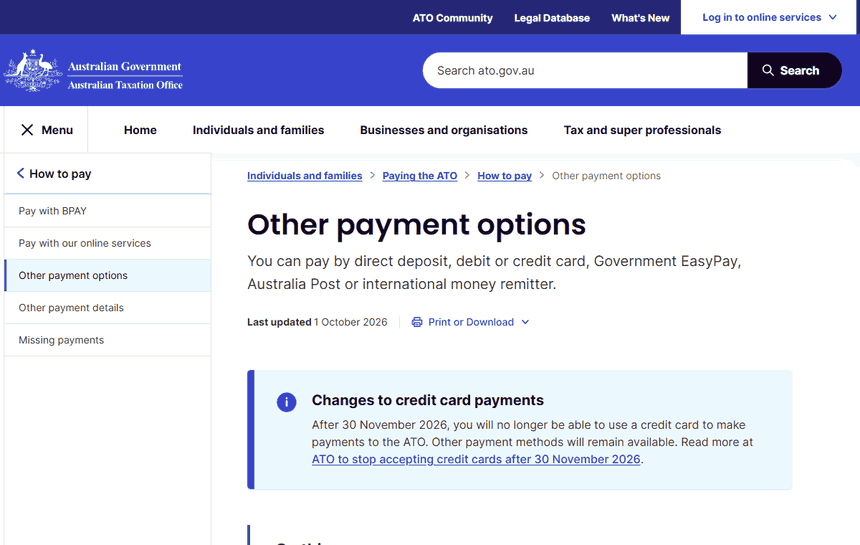 Scrolling the ATO Other payment options page, with the credit card warning highlighted in the notice, the direct debit section and the Government EasyPay section