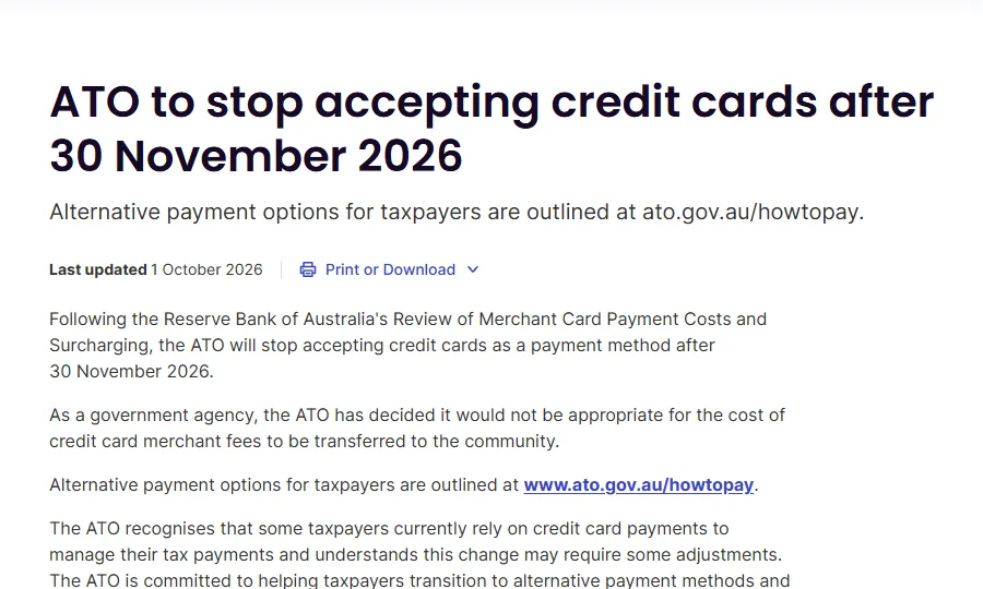 The ATO media release headed "ATO to stop accepting credit cards after 30 November 2026", last updated 1 October 2026
