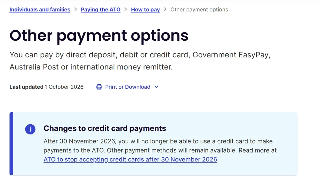 The ATO Other payment options page with a notice reading "Changes to credit card payments: After 30 November 2026, you will no longer be able to use a credit card to make payments to the ATO"