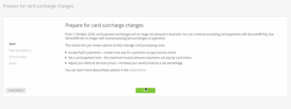 Walking through the ServiceM8 card surcharge wizard: the start screen, the online payment options with the card limit dropdown opened, then the price increase step