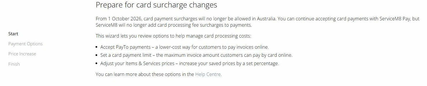 The start screen of the ServiceM8 wizard, titled "Prepare for card surcharge changes", listing PayTo, a card payment limit and an Items & Services price increase