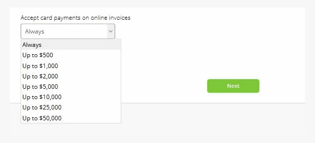 The card limit dropdown opened in ServiceM8, showing Always, then Up to $500, $1,000, $2,000, $5,000, $10,000, $25,000 and $50,000