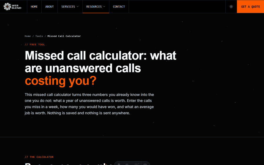 Filling in the contact form after using the missed-call calculator, with the message already prefilled with the result