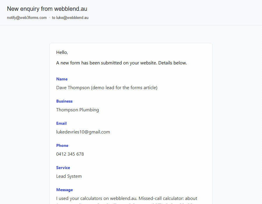 The lead notification email as it arrives, scrolled through: the visitor's message at the top and the context fields listed underneath it