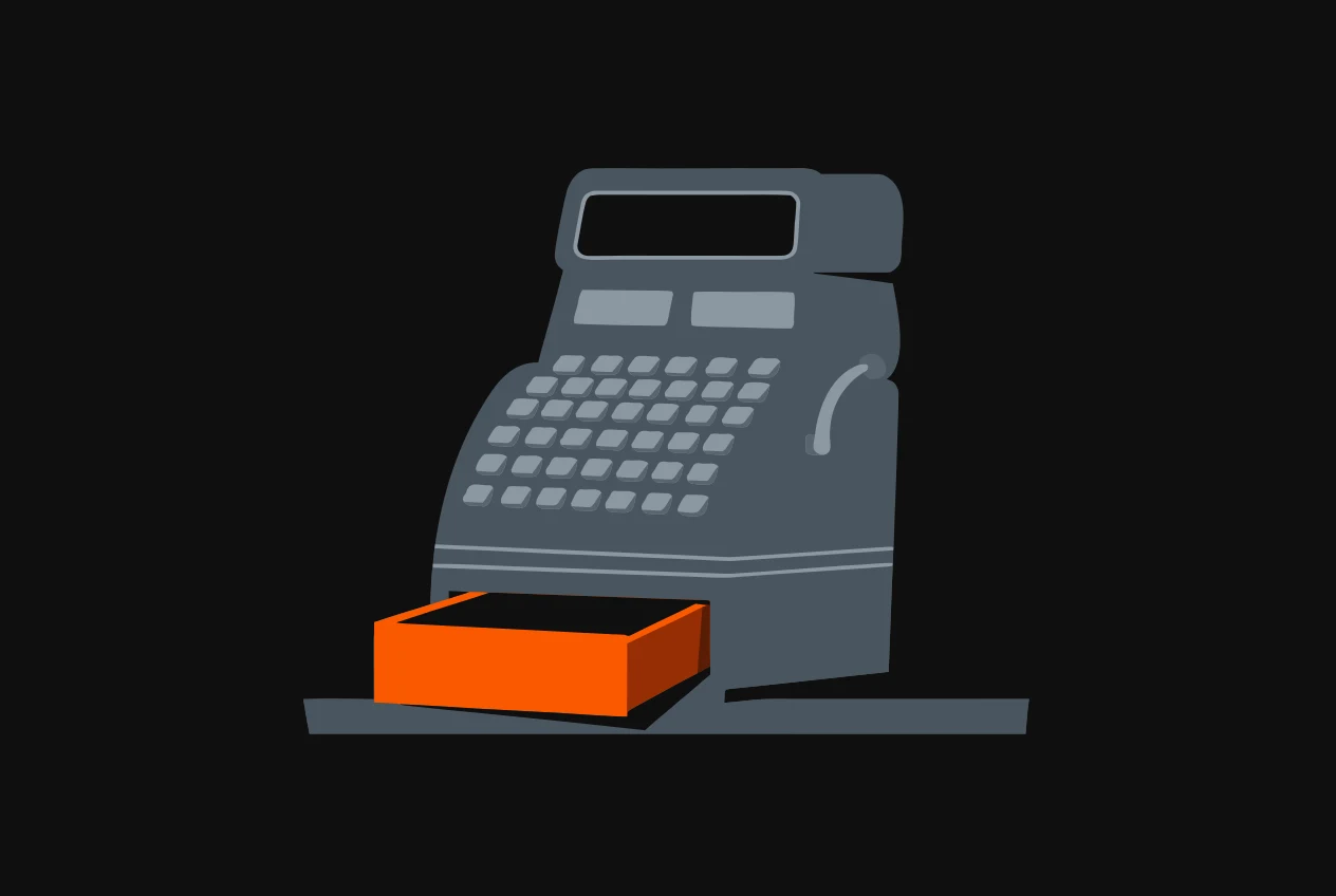 A shop cash register with blank keys and a slightly open drawer picked out in orange.