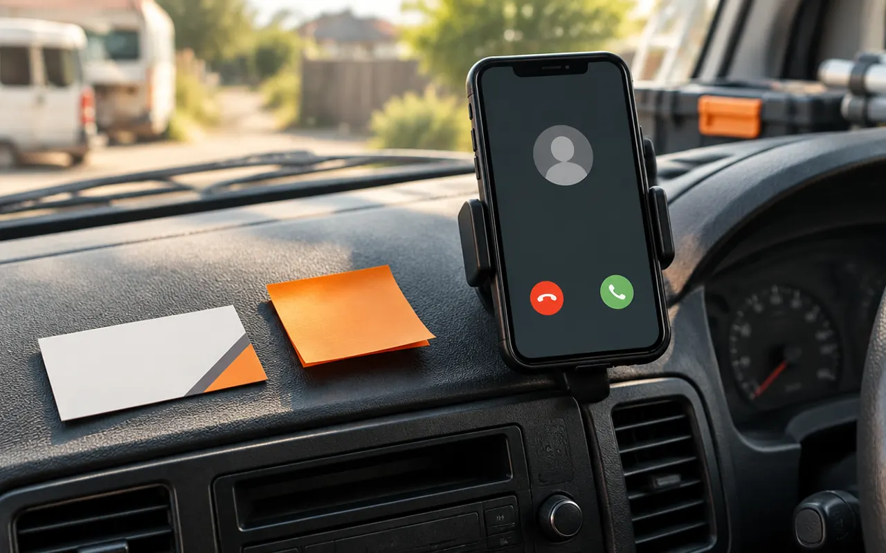 A phone mounted on a van dashboard showing an incoming call, with a business card and an orange sticky note beside it.