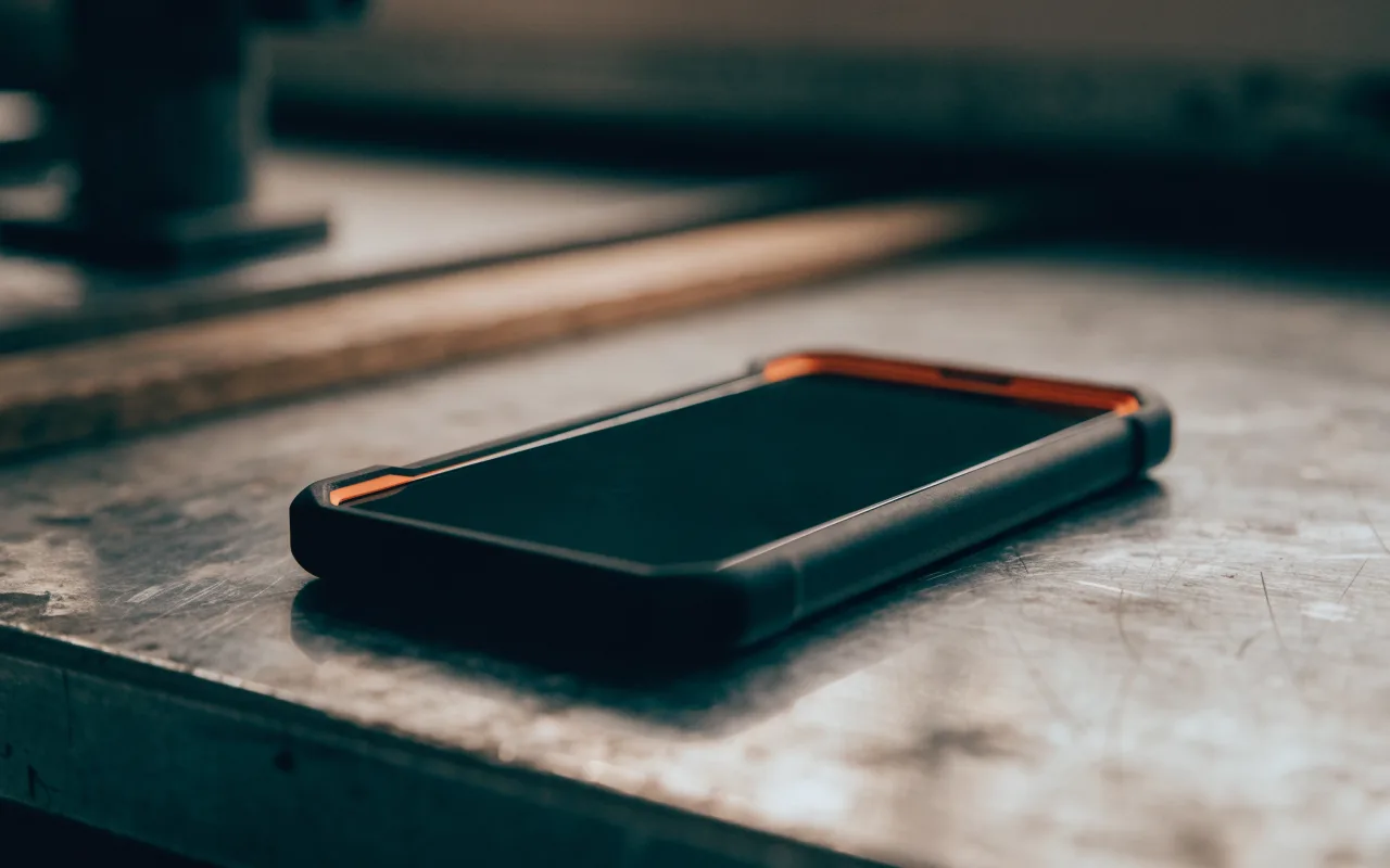 An Android phone face up on a steel workbench in a black rugged case with one orange corner.