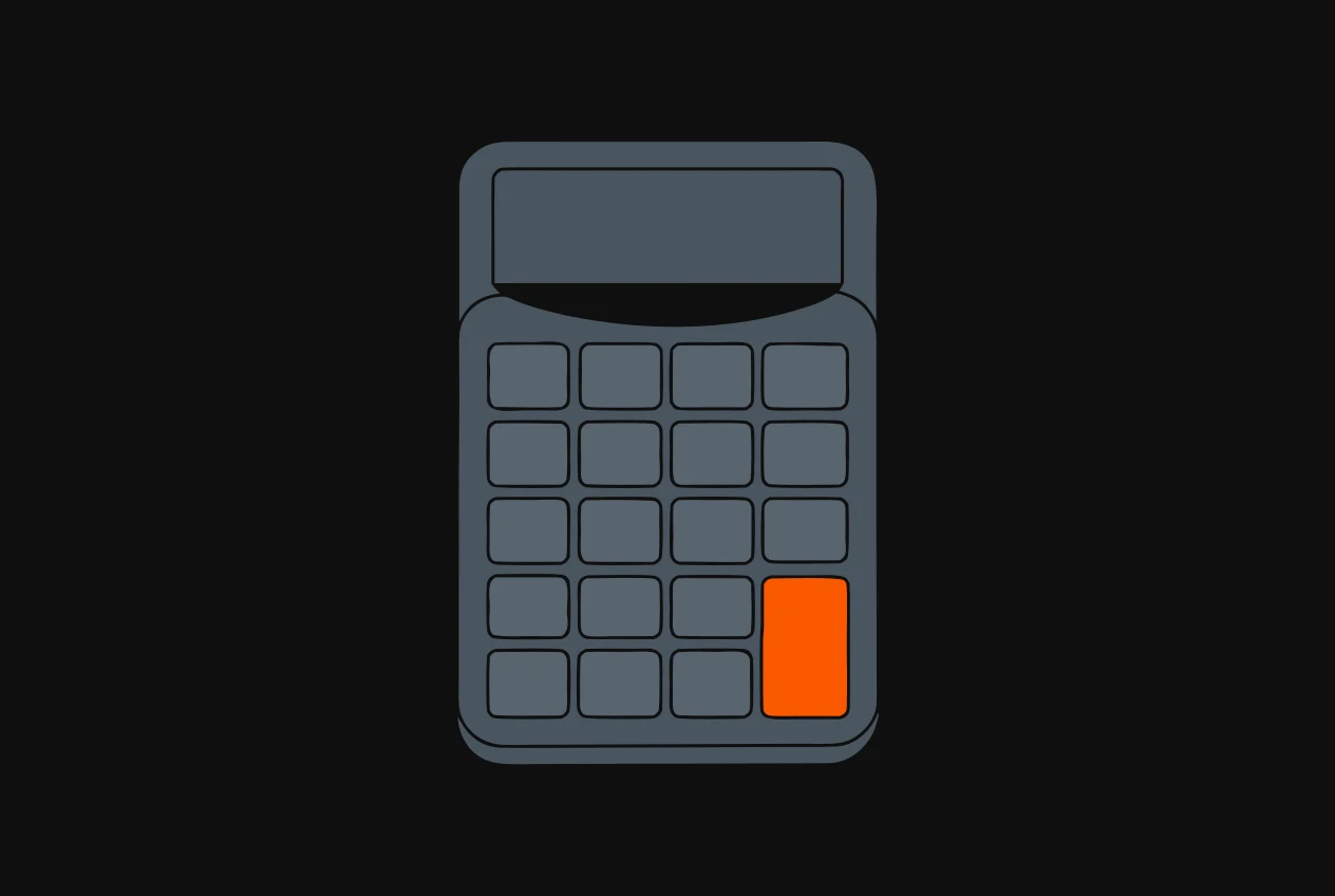 A pocket calculator with blank keys and an empty screen, a single key coloured orange.