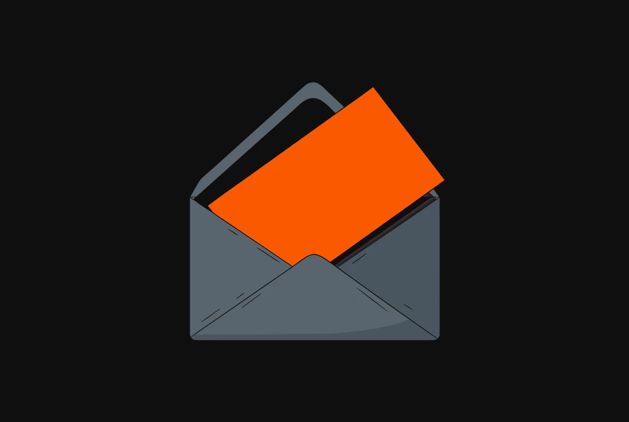 An opened envelope with a blank sheet sliding halfway out, the sheet coloured orange.