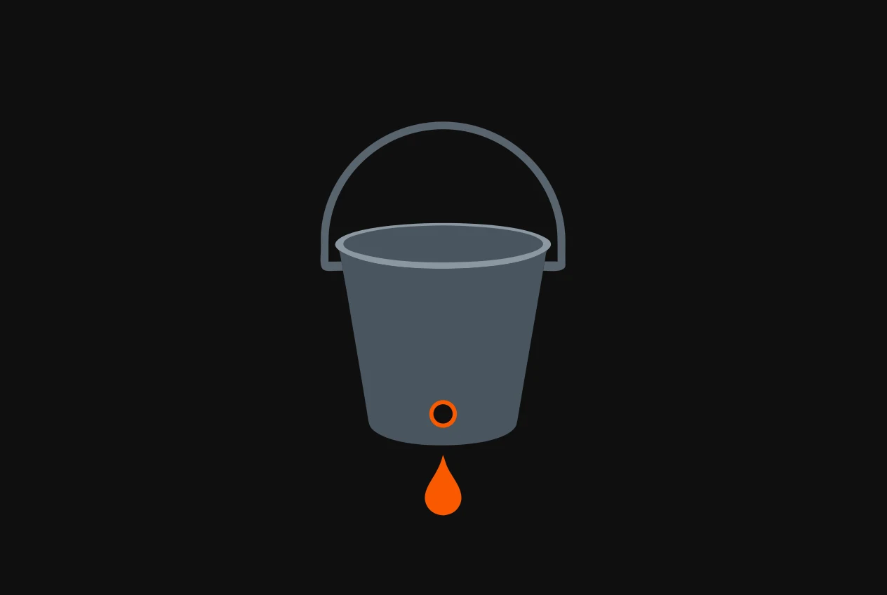 An upright bucket with a single hole low in its side, the hole and falling drop coloured orange.