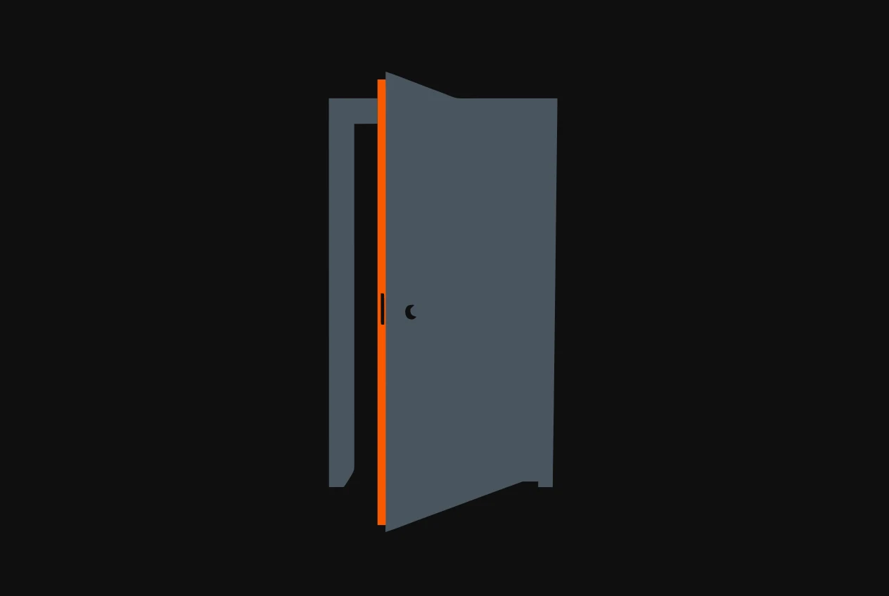 A door standing slightly ajar in a plain frame, an orange sliver of light showing in the gap.
