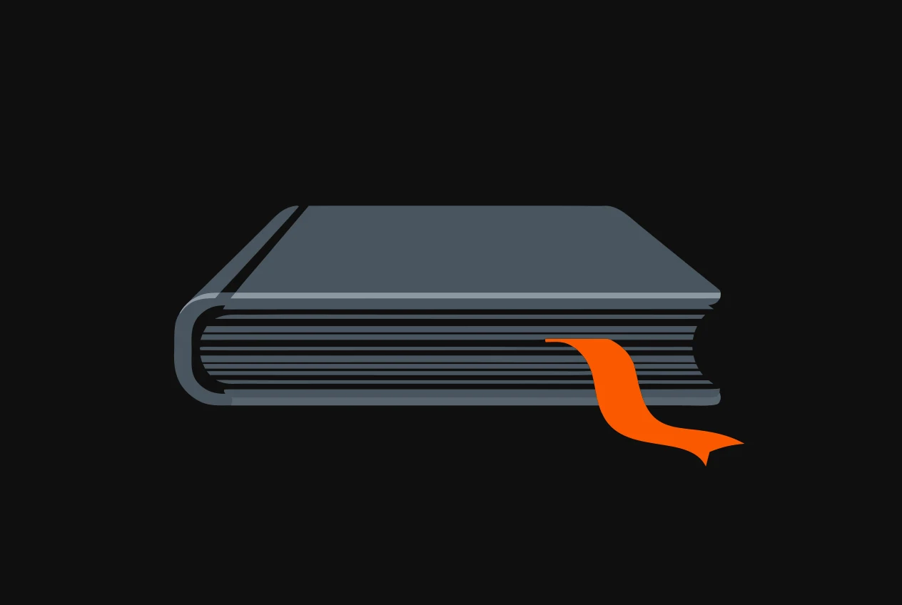 A thick closed directory book with a blank cover and an orange ribbon bookmark trailing from it.