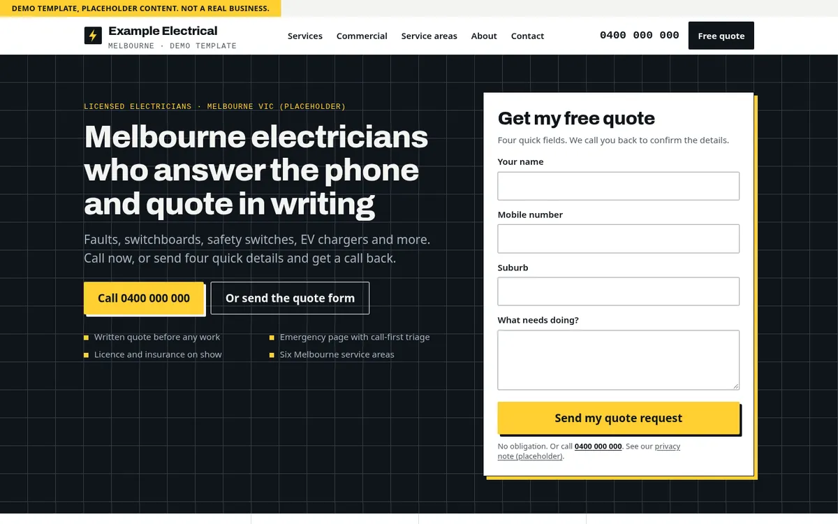 Example template for a Melbourne electrician on a desktop screen: a call-first home page with a short quote form, marked as a demo with placeholder content.