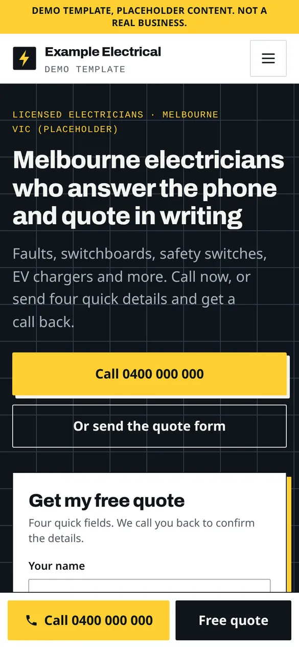 The same example template on a phone, with the call button at the top of the screen.