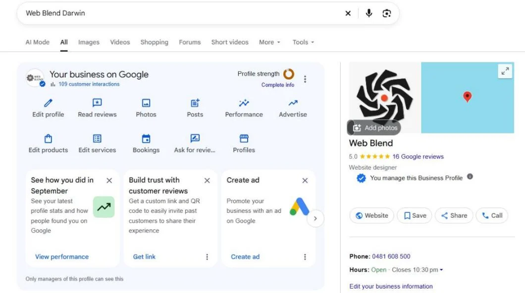 Google search results for Web Blend, signed in, with the Your business on Google panel open.