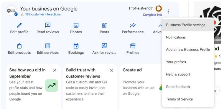 The More menu on the Business Profile panel, with Business Profile settings at the top.