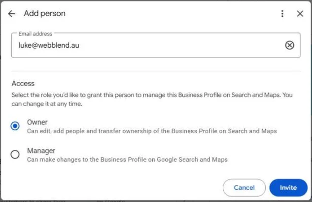 The Add person box with Owner selected under Access, next to the Invite button.