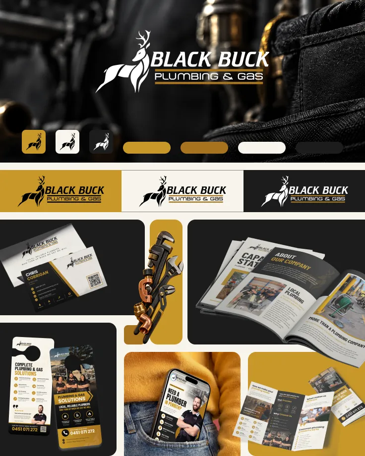 Example brand mockup board for a Western Sydney plumbing and gas business: logo versions, business cards, brochure, door hanger, phone ad and flyer.