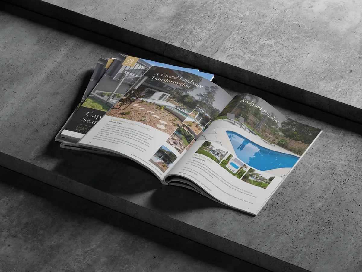 Example capability brochure for a landscape and pool builder, shown open as a printed booklet with project photos.