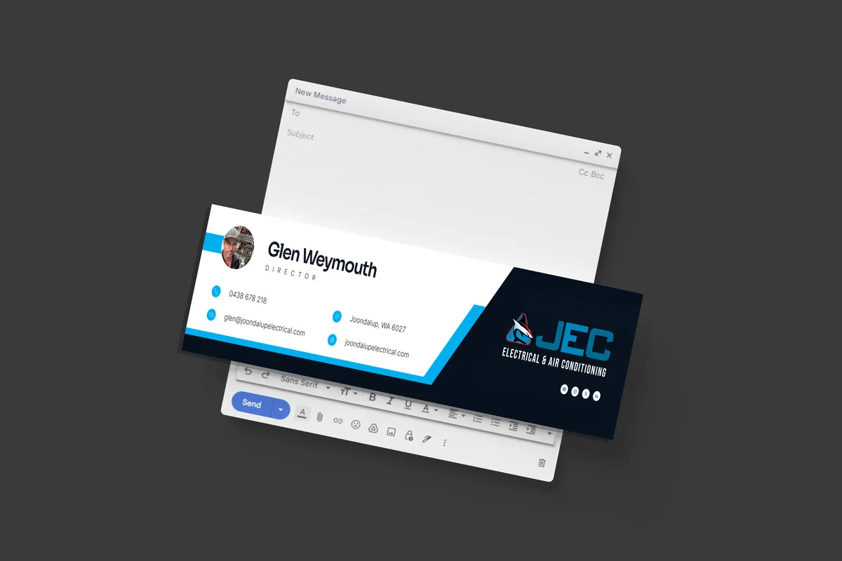 Example email signature for a Perth electrical and air conditioning business, with the director photo, contact details and logo, shown in a new email window.