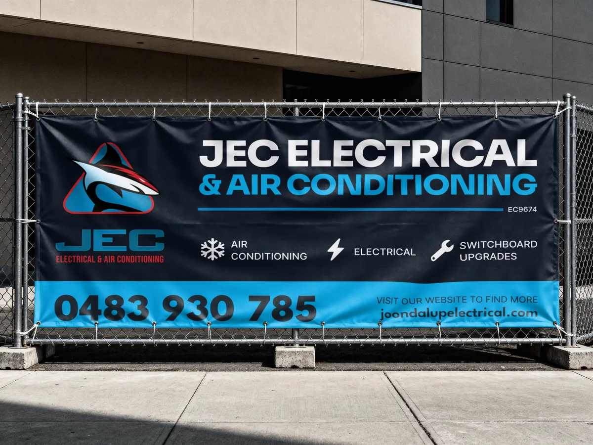 Example fence banner for a Perth electrical and air conditioning business on a site fence, with licence number, services, phone number and website.