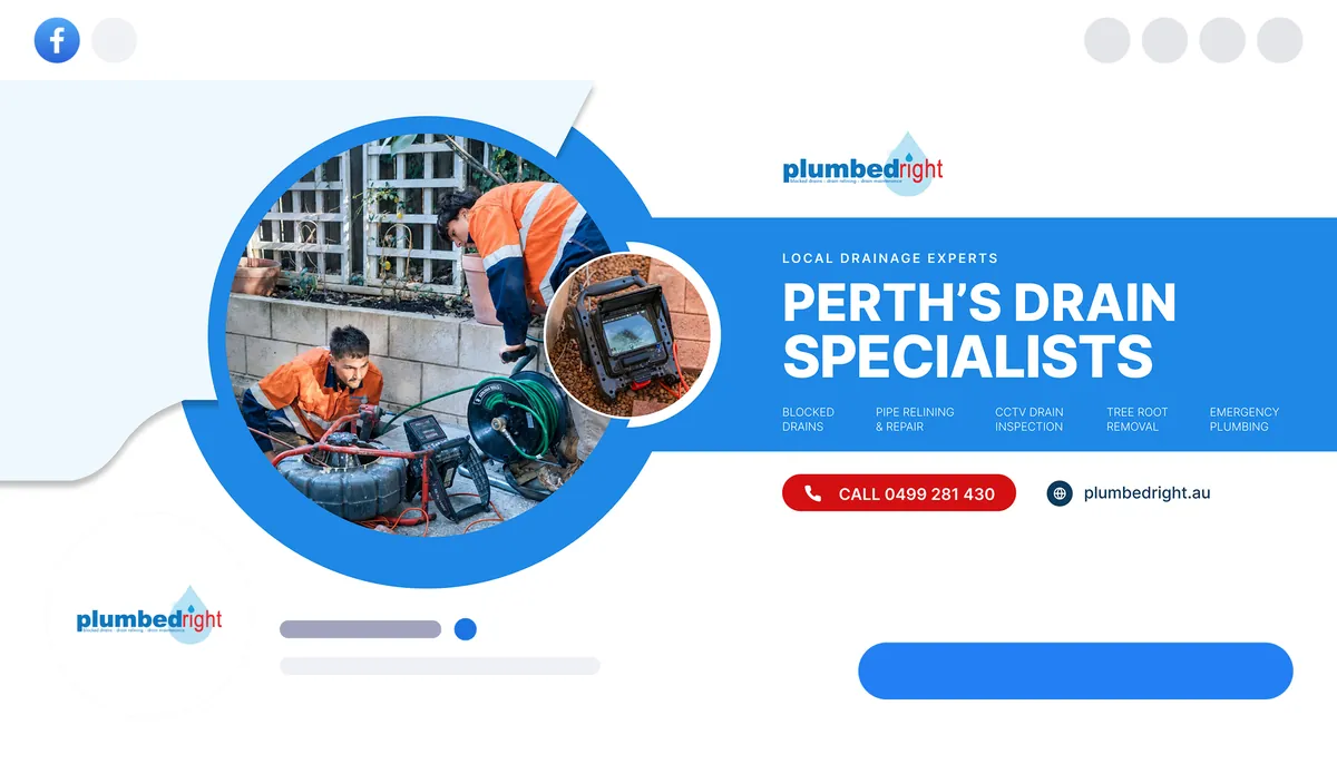 Example cover graphic for a Perth drainage plumber: a crew using a drain camera, the headline "Perth’s drain specialists", their services and a call button.