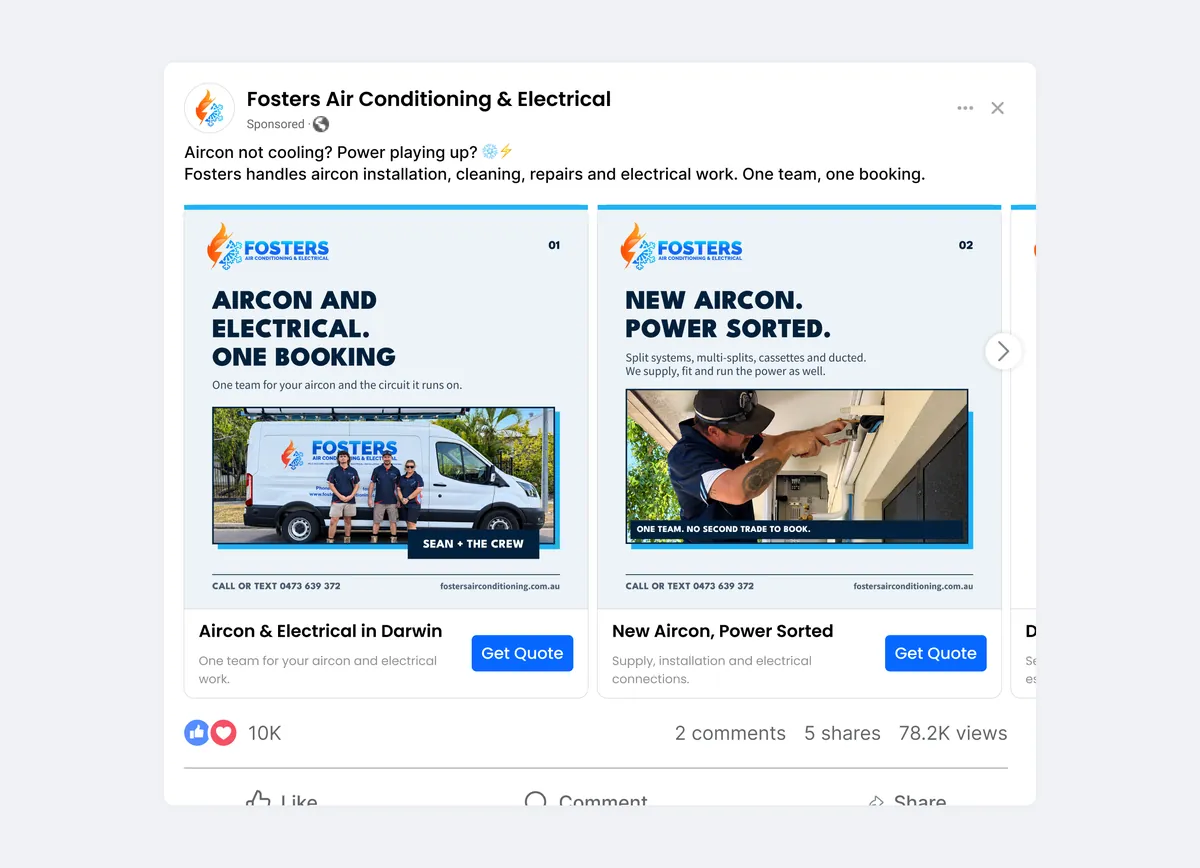Example Meta carousel ad for a Darwin air conditioning and electrical business: cards headed "Aircon and electrical. One booking" and "New aircon. Power sorted." with Get Quote buttons.