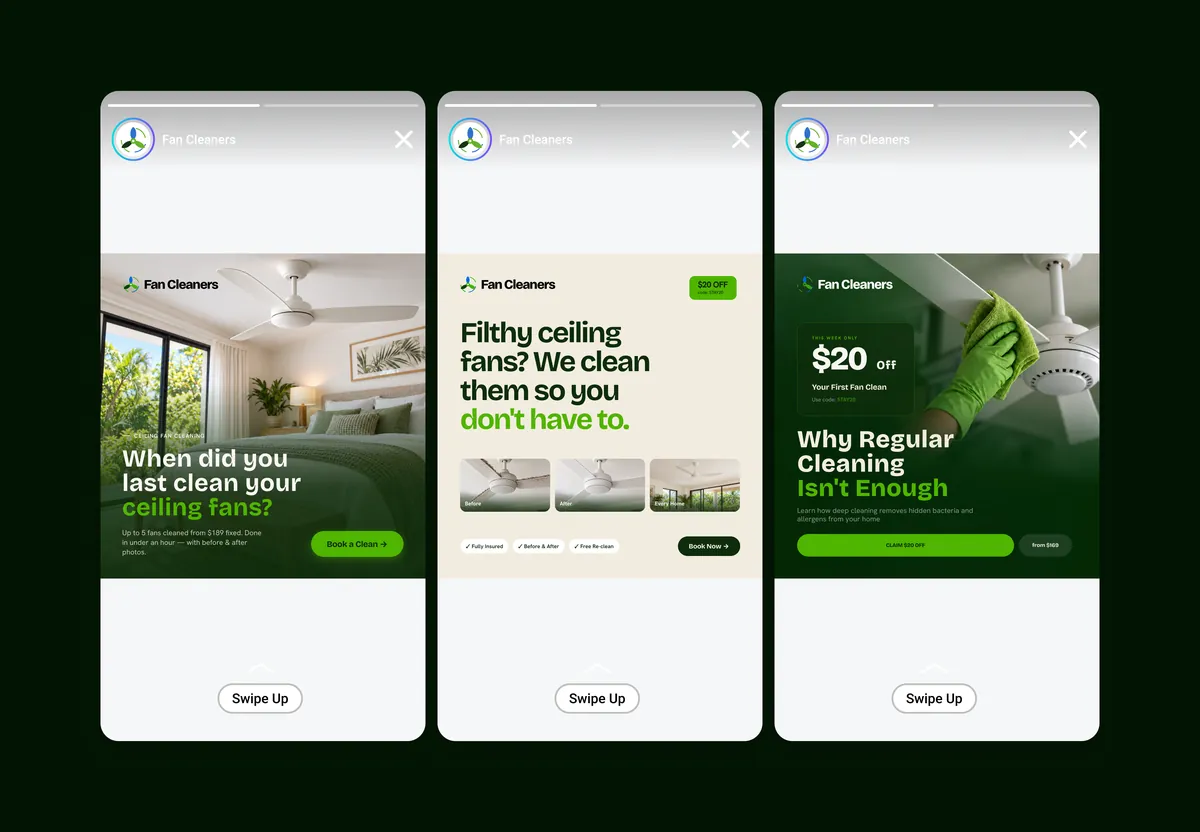 Example set of three branded story post templates for a ceiling fan cleaning business, each with a headline, photo and booking button.