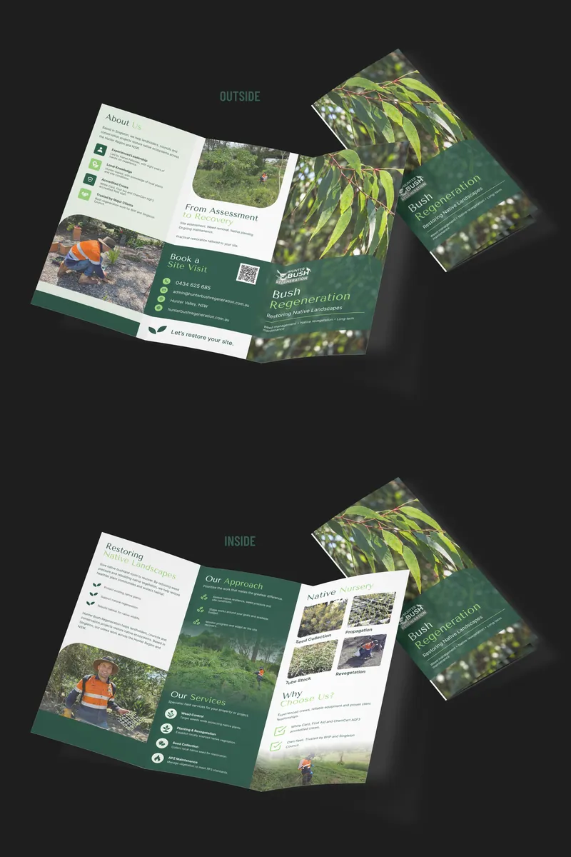 Example tri-fold flyer for a Hunter Valley bush regeneration business, outside and inside panels shown as a printed mockup.