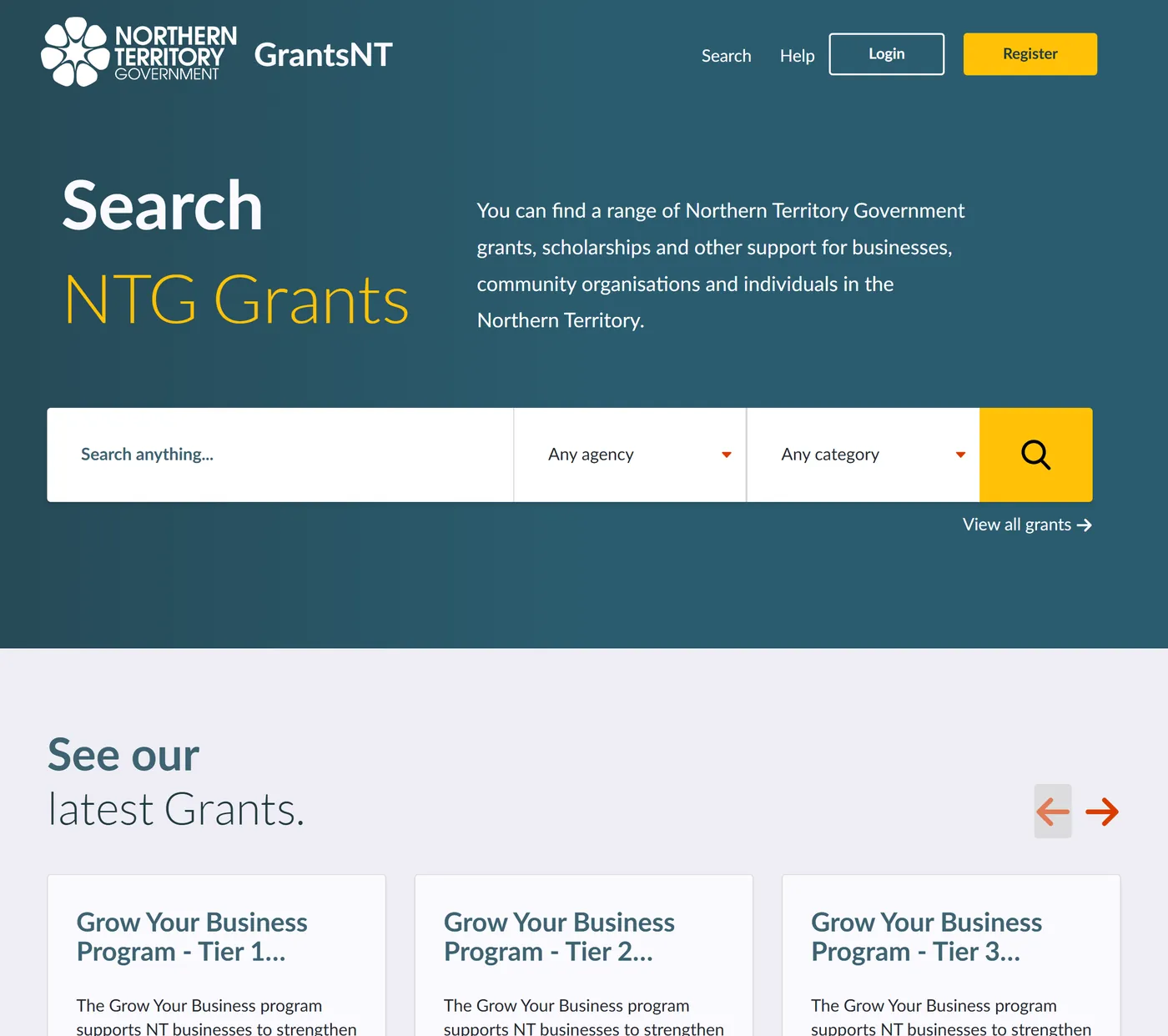 The GrantsNT home page, Search NTG Grants, with the three Grow Your Business Program tiers listed under the latest grants.