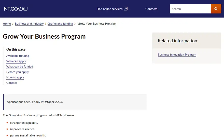 Scrolling the NT Government Grow Your Business Program page on nt.gov.au: the heading, applications open Friday 9 October 2026, the three funding tiers table and the how to apply section.