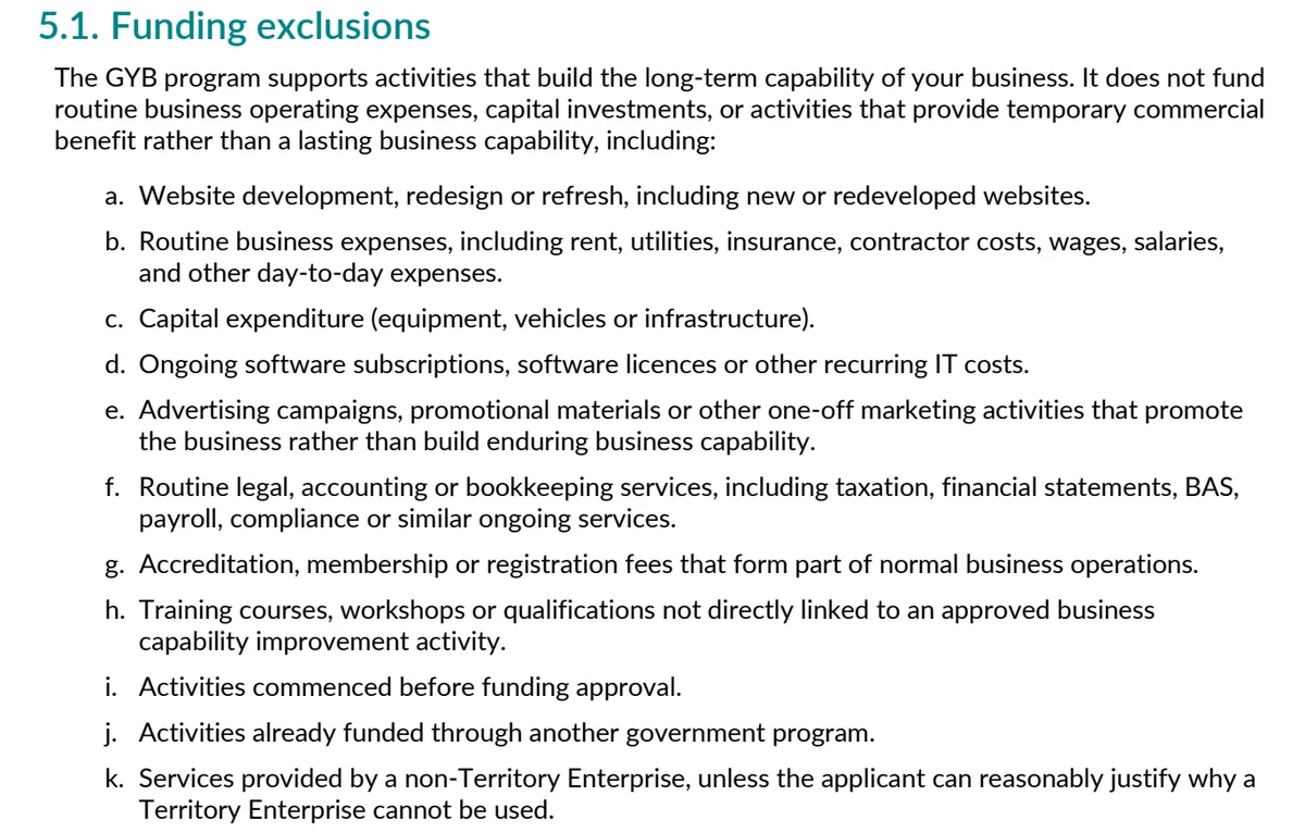 Section 5.1 Funding exclusions from the Tier 1 guidelines, items a to k, starting with website development, redesign or refresh.