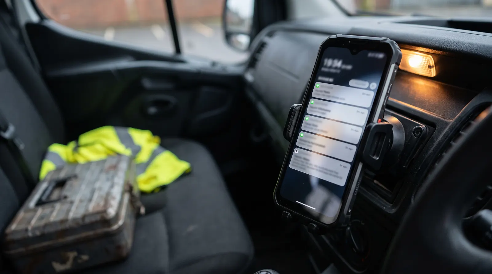 A phone on a work van dashboard showing a stack of SMS notifications, with a hi-vis vest and toolbox on the seat.