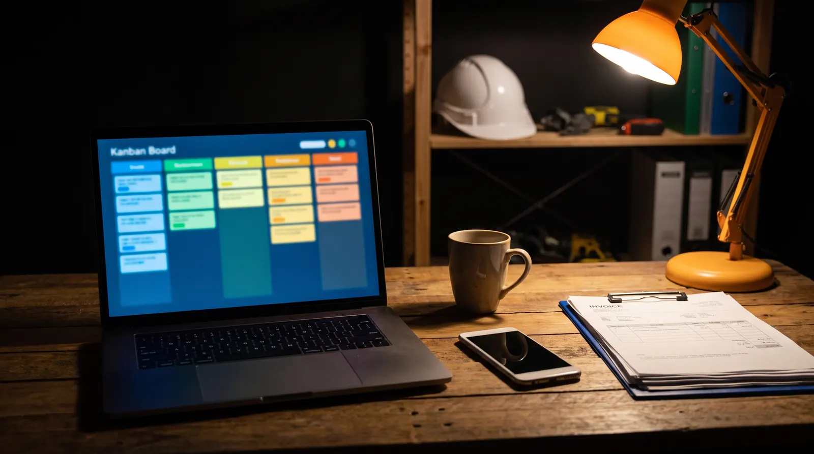 Trade office desk at night with a laptop showing a lead pipeline board, an orange desk lamp and a hard hat on the shelf.