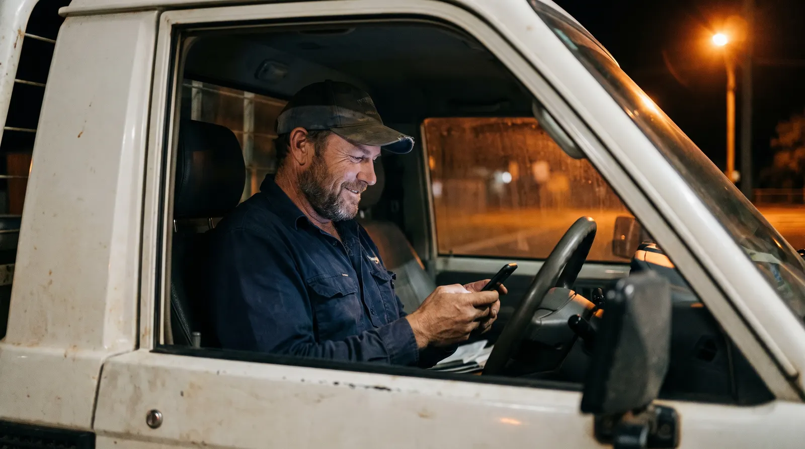 A tradie sitting in his ute at night, smiling at a text on his phone.