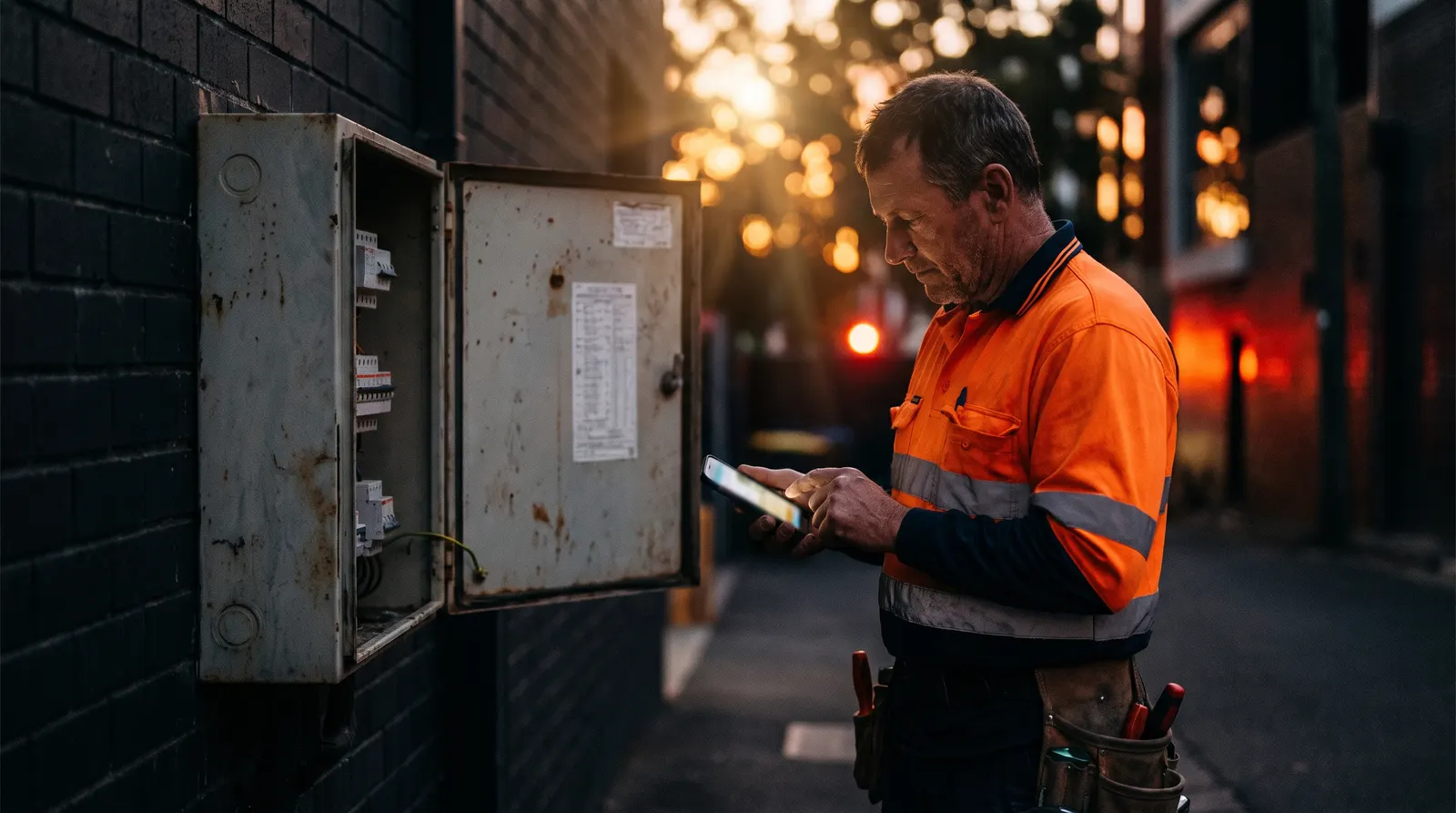 Electrician in orange hi-vis tapping a job on his phone beside a switchboard at dusk.
