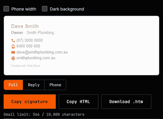 The signature preview filling in live: name, title, company and contact details appear, then a logo, brand colour, social icons and a Book a job button.