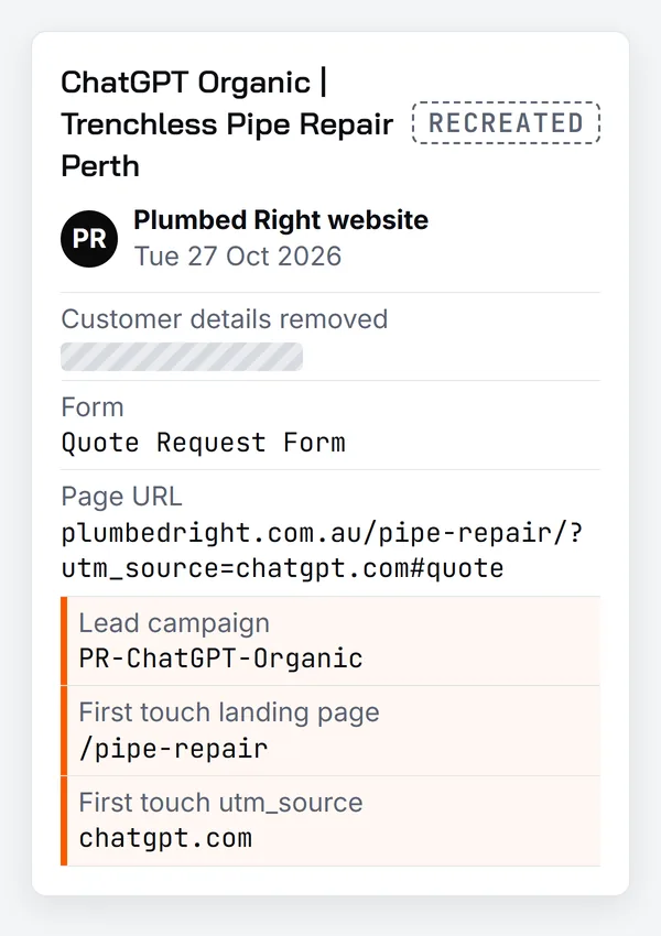 Recreated Plumbed Right lead email, subject ChatGPT Organic, Trenchless Pipe Repair Perth, 27 October 2026, with the customer details removed and the tracking fields highlighted: lead campaign PR-ChatGPT-Organic, first touch landing page /pipe-repair and first touch utm_source chatgpt.com