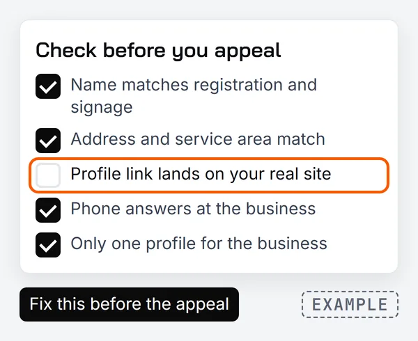 Checklist titled check before you appeal: name matches registration and signage, address and service area match, phone answers at the business and only one profile for the business are ticked; profile link lands on your real site is unticked and circled, with a note saying fix this before the appeal