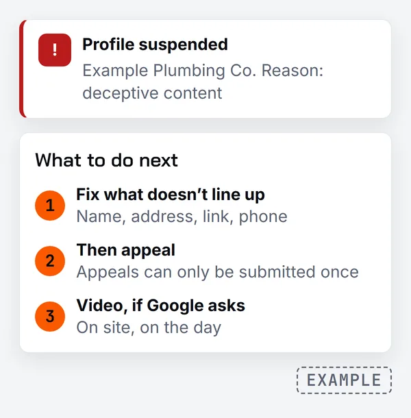 A generic suspension notice for Example Plumbing Co giving deceptive content as the reason, above three numbered next steps: 1 fix what does not line up, name, address, link and phone; 2 then appeal, as appeals can only be submitted once; 3 a video on site, on the day, if Google asks