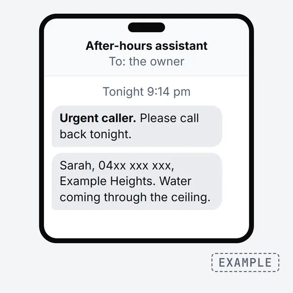 Phone screen showing the text the owner gets at 9:14 pm: urgent caller, please call back tonight, with a first name, a masked mobile number, a suburb and the job
