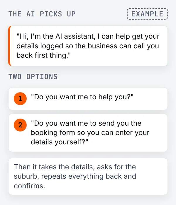 The AI greeting card: Hi, I am the AI assistant, I can help get your details logged so the business can call you back first thing. Below it, two numbered options: do you want me to help you, or do you want me to send you the booking form